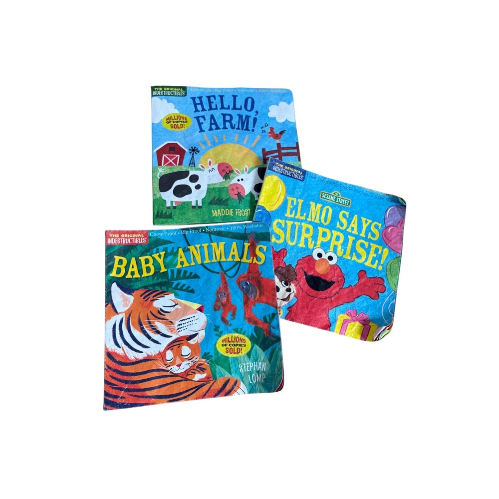 Indestructibles Baby Book Lot 3 Hello Farm Baby Animals Elmo Says Surprise Book